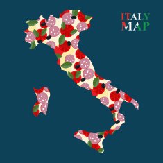 Map Italy silhouette with ingredients for pizza cheese and toma