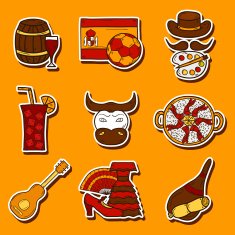 Set of cartoon drawn stickers on Spain theme flag bull N2