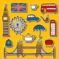 Set of cute hand drawn cartoon stickers on London theme