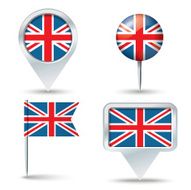 Map pins with flag of United Kingdom
