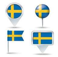 Map pins with flag of Sweden