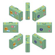 Isometric standing green travelers suitcases