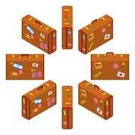 Set of standing brown travelers suitcases