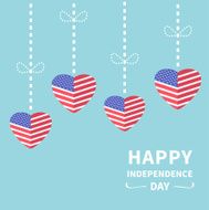 Hanging heart flags Star and strip Independence day Flat design