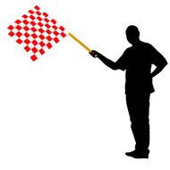 Man waving at the finish checkered flag