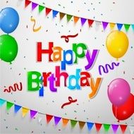 Happy Birthday greeting card with flags and confetti ribbon