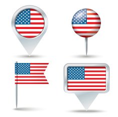 Map pins with flag of United States America