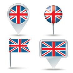 Map pins with flag of United Kingdom