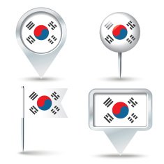 Map pins with flag of South Korea
