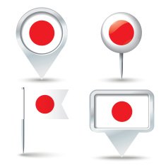 Map pins with flag of Japan