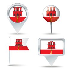 Map pins with flag of Gibraltar