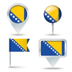 Map pins with flag of Bosnia and Herzegovina