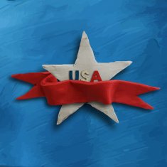 White star on blue background with red ribbon