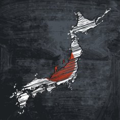 Japan scribbled flag map on dark chalkboard