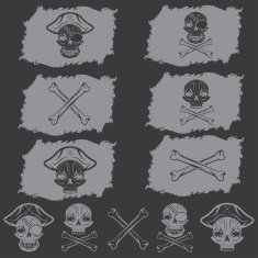 pirate skull with hat set on flags and icons