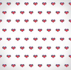 Seamless patriotic background with UK flag glossy heart shapes