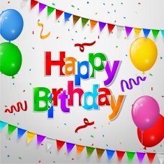 Happy Birthday greeting card with flags and confetti ribbon