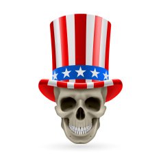 Human skull with Uncle Sam hat on