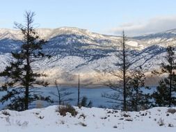 Beautiful Kamloops lake on snowy landscape in British Columbia, Canada in winter