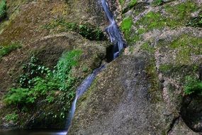 Beautiful waterfall among the rocks with green moss and plants