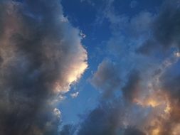 dark cumulus clouds at sunset sky