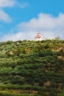 white orthodox church at top of green mountain, greece