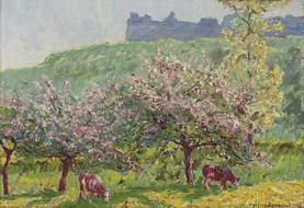 landscape painted by Winford Dewhurst cows on a rural field