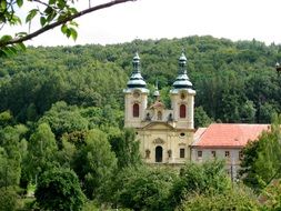 panoramic view of the church among the green forest