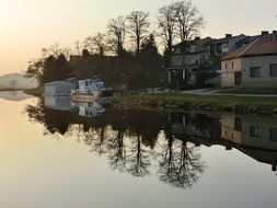 waterfront houses at sunset