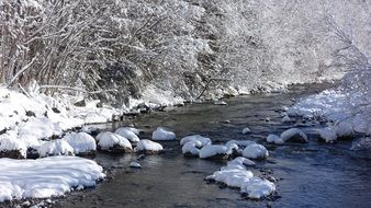 river among the shores with snow