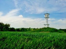 white chapel on a green hill