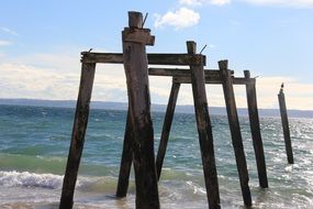 wooden beams on beach, remains of pier