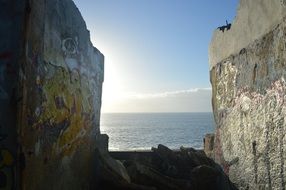 Stone wall ocean horizon bunker sea sky view