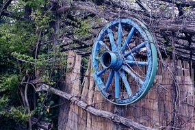 old wooden wheel on the wall