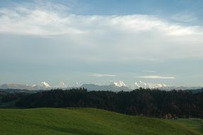 green plain against the backdrop of the Alps