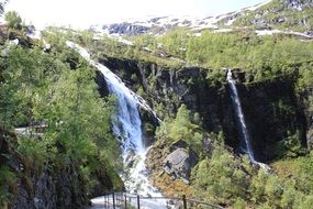 waterfalls among the picturesque nature of norway