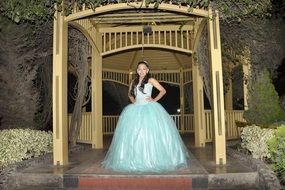 beautiful long haired smiling girl in long dress posing in park