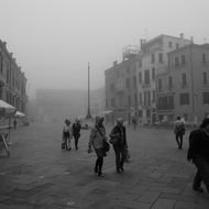 black-and-white image of the area of Venice in the morning