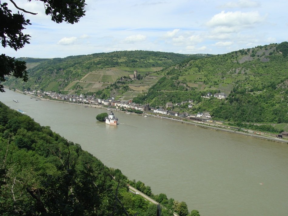 Distant view of the Pfalzgrafenstein fortress in the Rhine Valley