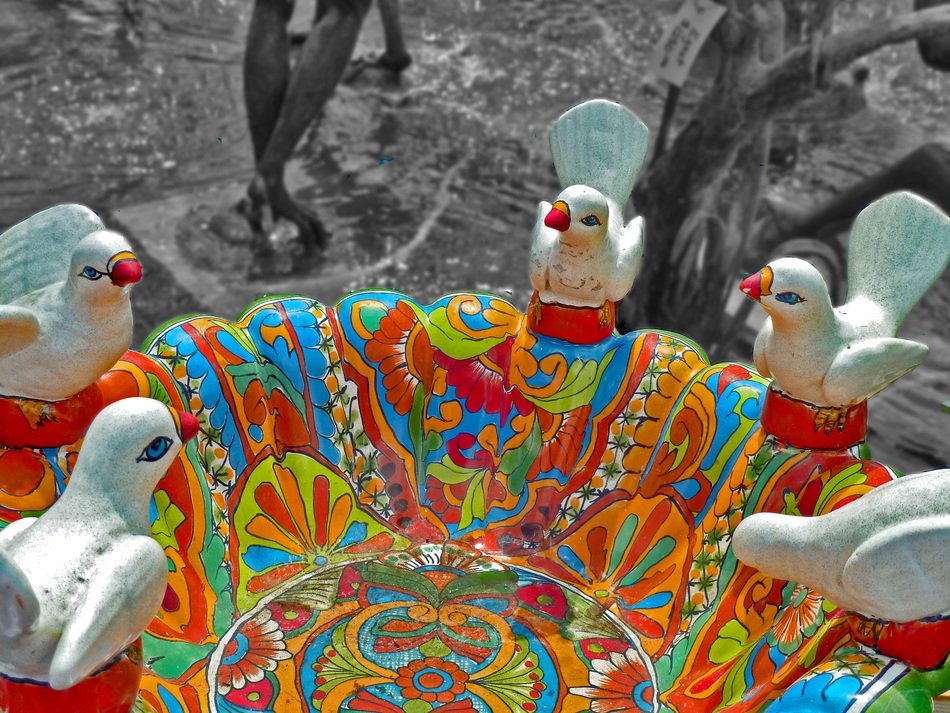 Colorful decorative birdbath
