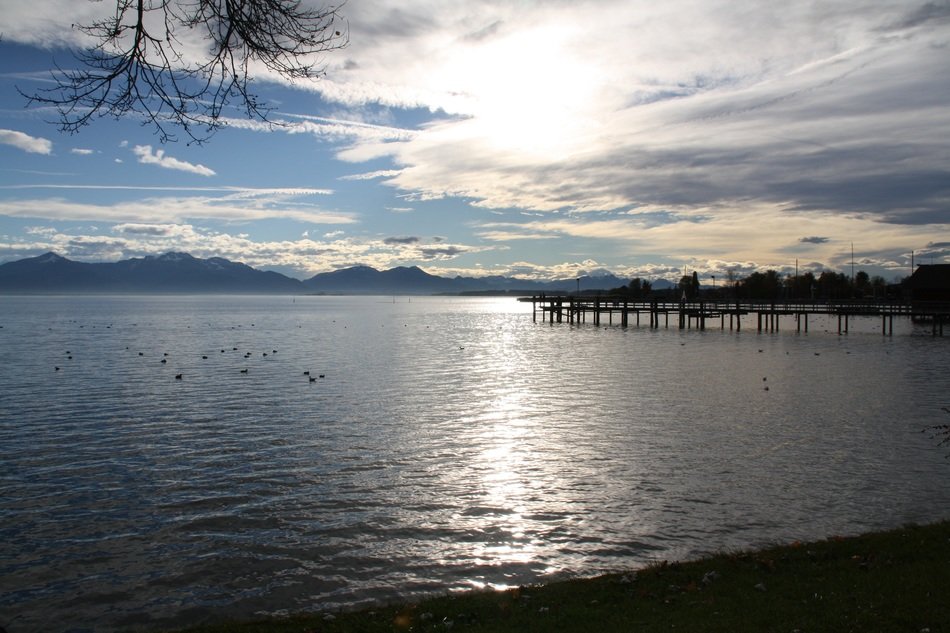 Landscape of chiemsee lake at the sunlight