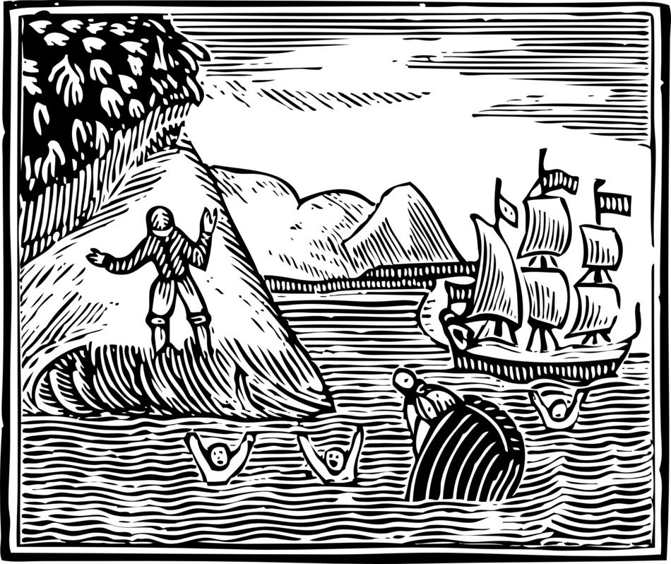 robinson crusoe in black and white illustration