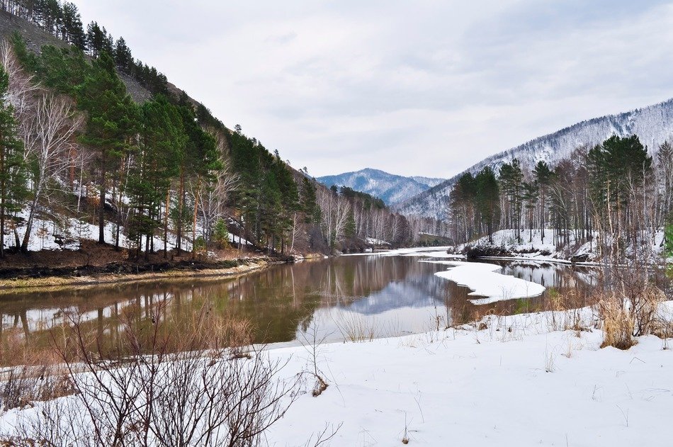 river among snowy mountains