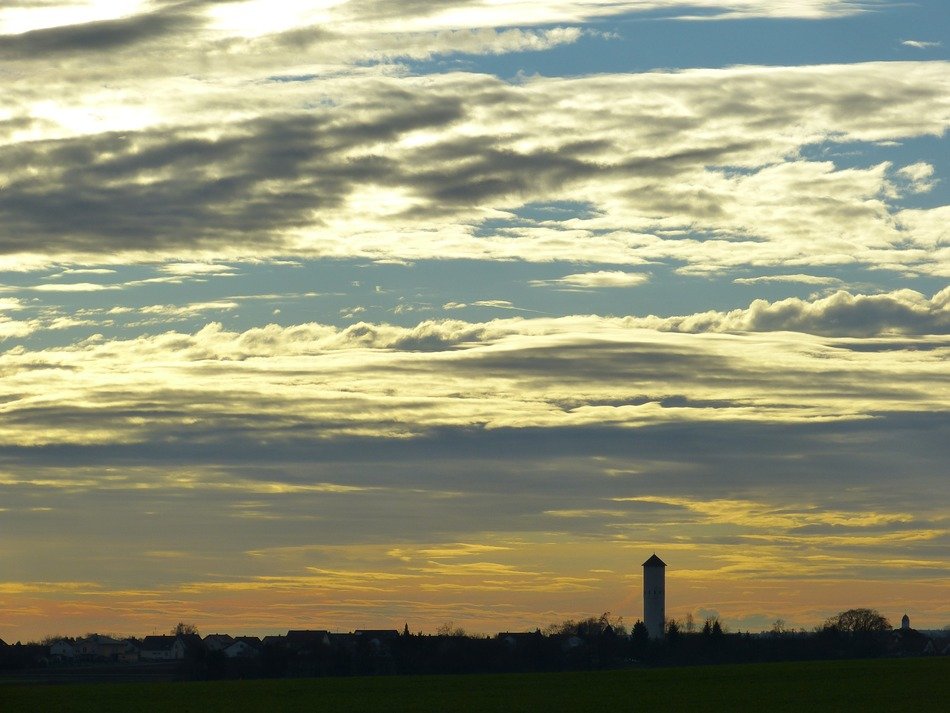 a tower in the evening sky