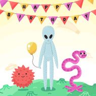 Birthday party space greeting card with cartoon aliens and monsters