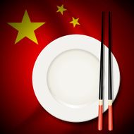 Vector of White plate with chopsticks on Chinese flag background