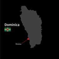 Detailed map of Dominica and capital city Roseau with flag