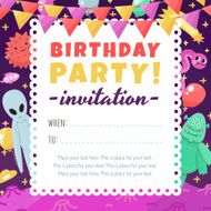 Birthday party funny space invitation with cartoon aliens and monsters