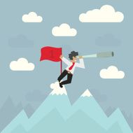 Businessman on top of the mountain looking through a spyglass