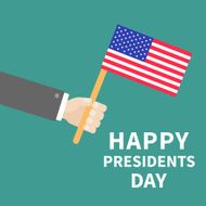 Hand with american flag Presidents Day background flat design Card